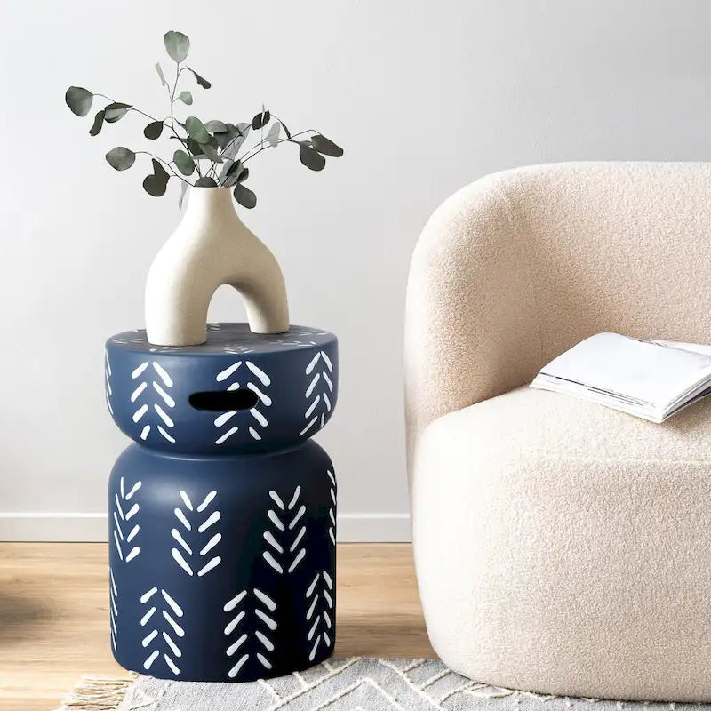 Rafi 18  Modern Bohemian Arrow Pattern Drum Indoor/Outdoor Garden Stool, Navy/White, by JONATHAN Y