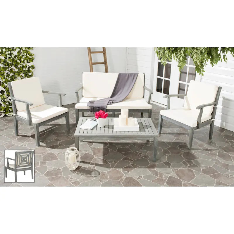 SAFAVIEH Outdoor Living Del Mar Brown Acacia Wood 4-piece Beige Cushion Patio Set - 48 W x 25 D x 32 H