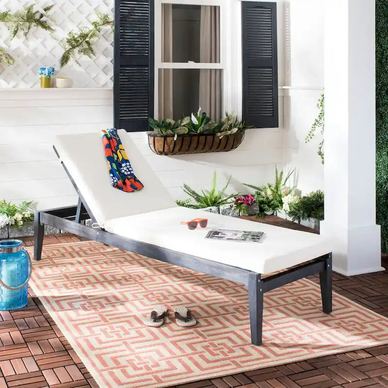 SAFAVIEH Outdoor Living Bradbury Dark Slate Grey/ Beige Sunlounger - 24 W x 74 D x 15 H