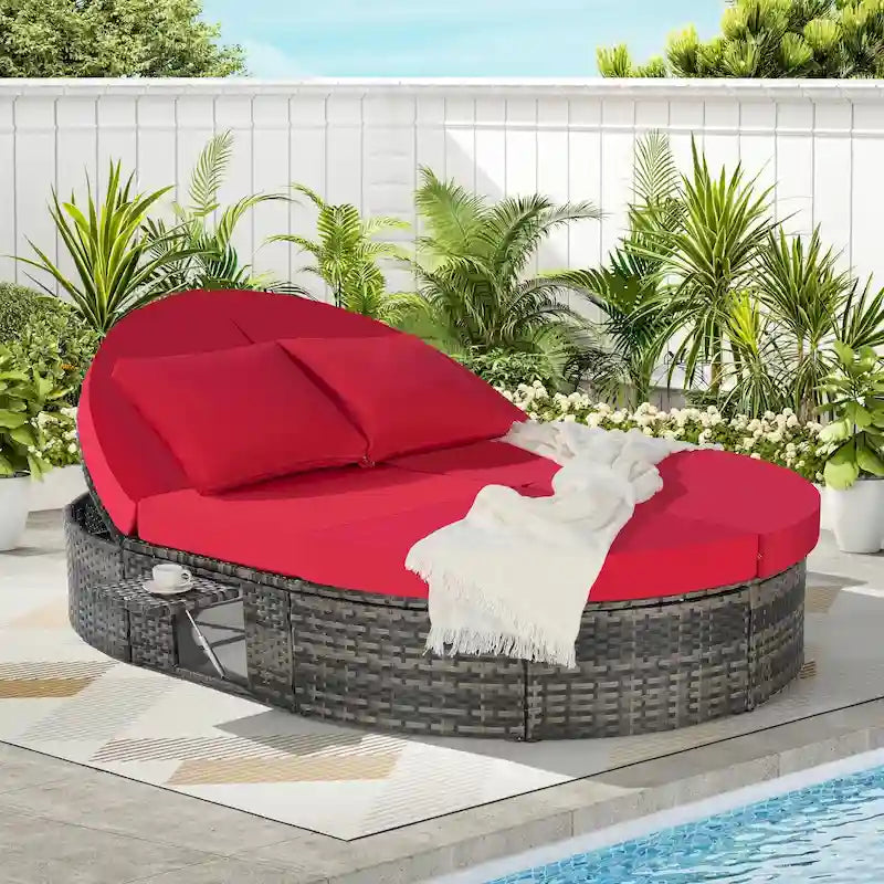 Wicker Rattan Outdoor Daybed - Sun Bed with Adjustable Backrests, Foldable Cup Trays, and Cushions