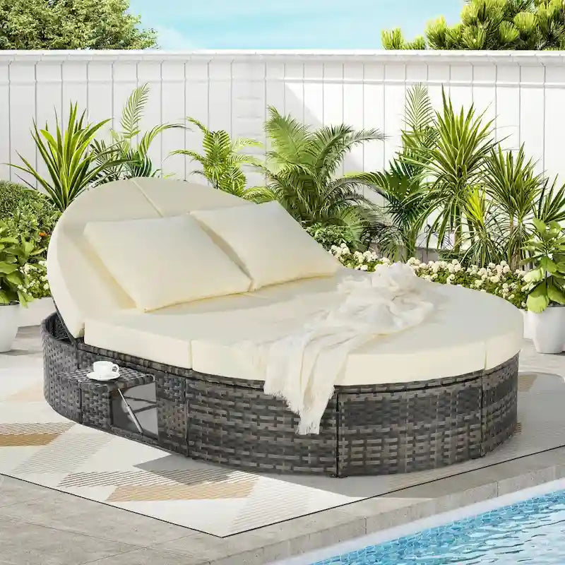 Wicker Rattan Outdoor Daybed - Sun Bed with Adjustable Backrests, Foldable Cup Trays, and Cushions