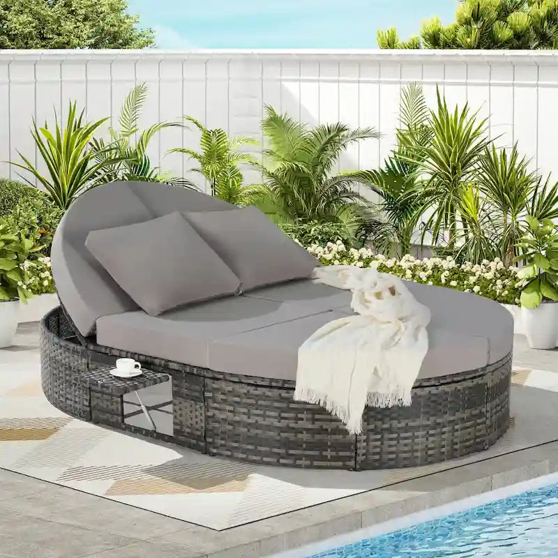 Wicker Rattan Outdoor Daybed - Sun Bed with Adjustable Backrests, Foldable Cup Trays, and Cushions
