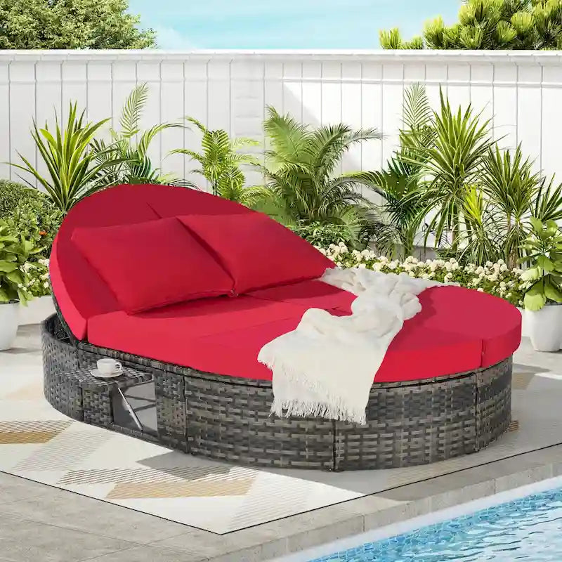 Wicker Rattan Outdoor Daybed - Sun Bed with Adjustable Backrests, Foldable Cup Trays, and Cushions