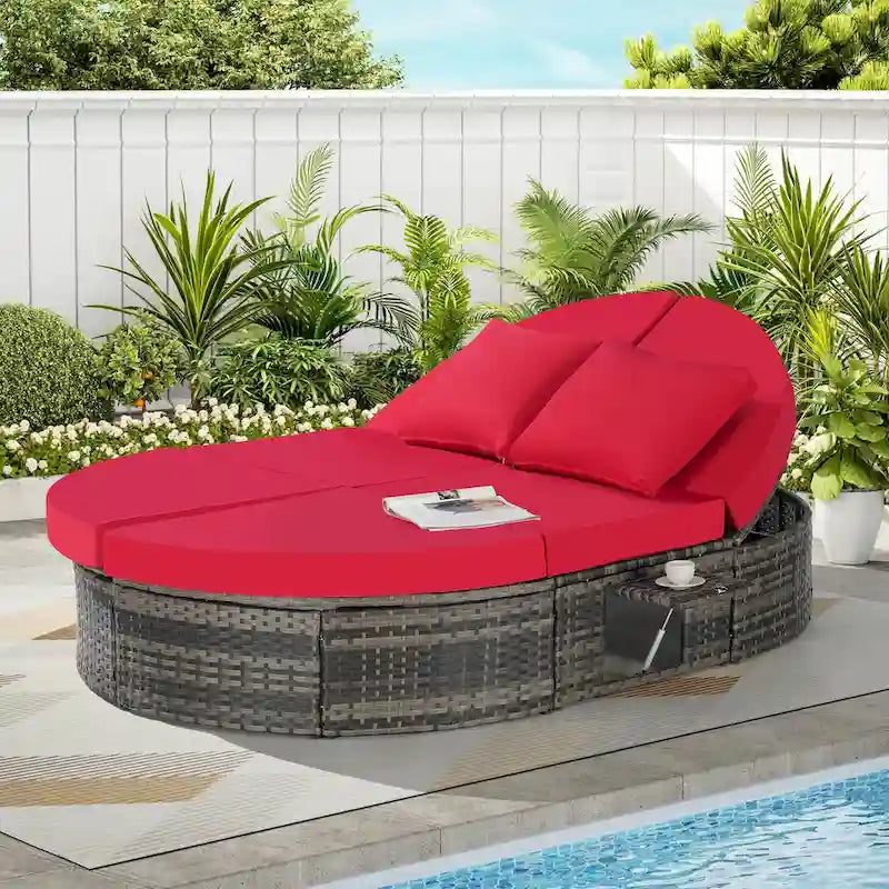 Wicker Rattan Outdoor Daybed - Sun Bed with Adjustable Backrests, Foldable Cup Trays, and Cushions