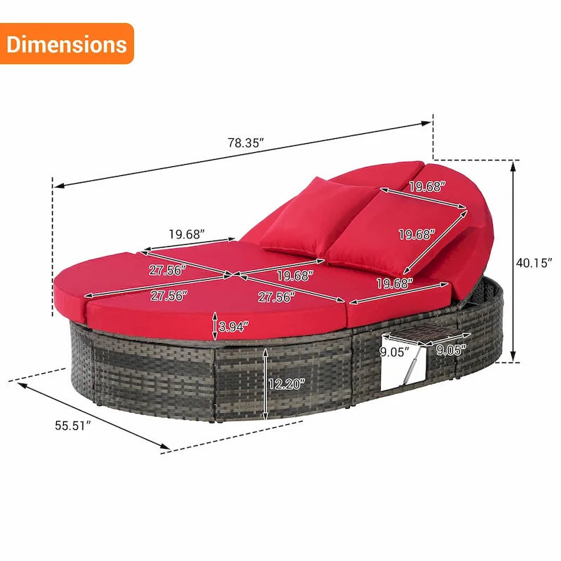 Wicker Rattan Outdoor Daybed - Sun Bed with Adjustable Backrests, Foldable Cup Trays, and Cushions