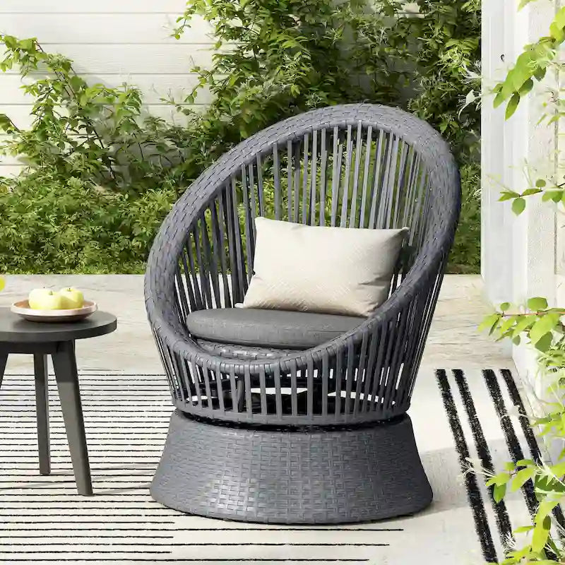 Christopher Knight Home - PureNest 26.7  Modern Gray Wicker Lounge Chair with Rattan and Iron Frame, Stylish Round Design