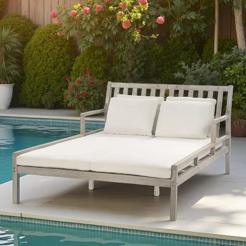 Outdoor Patio Acacia Wood Double Daybed Sunbed with Four Pillows