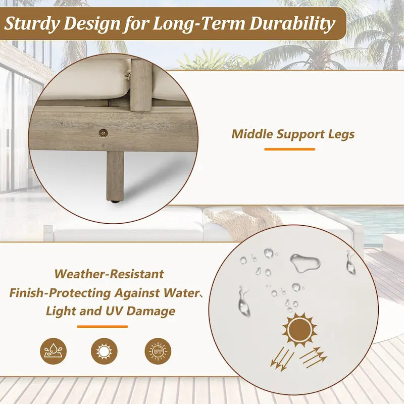 Outdoor Patio Acacia Wood Double Daybed Sunbed with Four Pillows