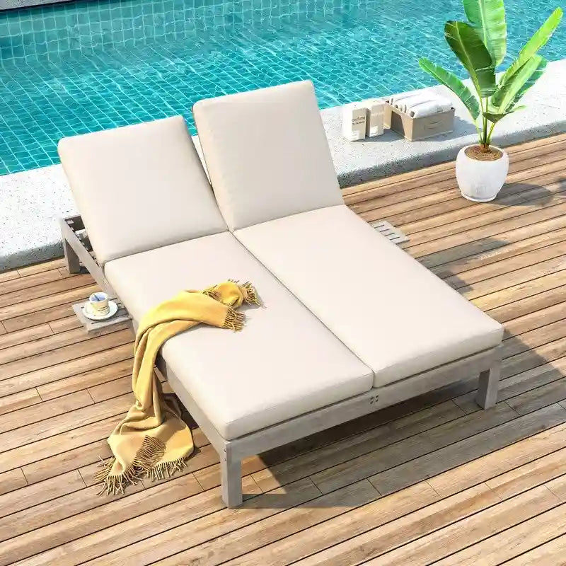 Double Chaise Lounge Set  5-Position Adjustable Backrest Outdoor Loungers with Cushions & Folding Side Trays (2-Person)