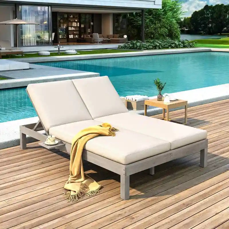 Double Chaise Lounge Set  5-Position Adjustable Backrest Outdoor Loungers with Cushions & Folding Side Trays (2-Person)