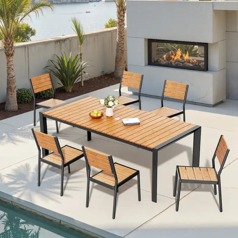 7-Piece Outdoor Patio Aluminum Dining Table with Stackable Dining Chairs