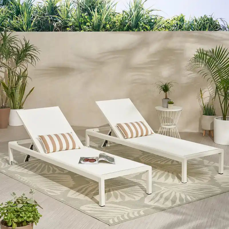 2pc Cape Coral Chaise Lounge Set White Adjustable Outdoor Mesh Patio Furniture with Wheels 77in