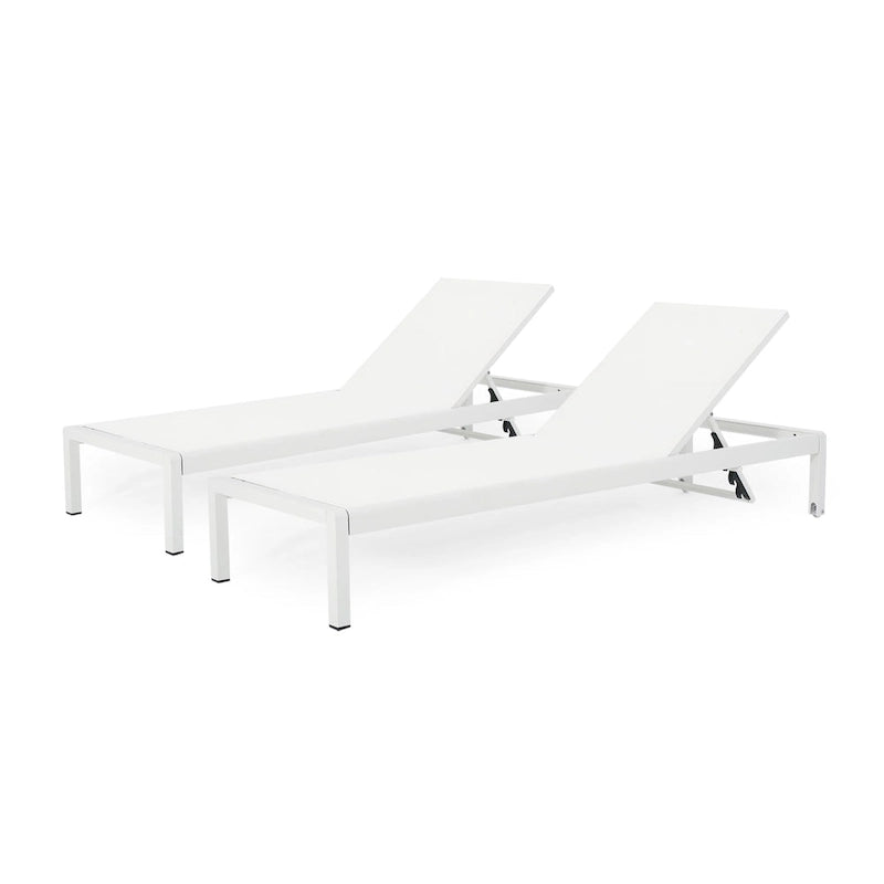 2pc Cape Coral Chaise Lounge Set White Adjustable Outdoor Mesh Patio Furniture with Wheels 77in
