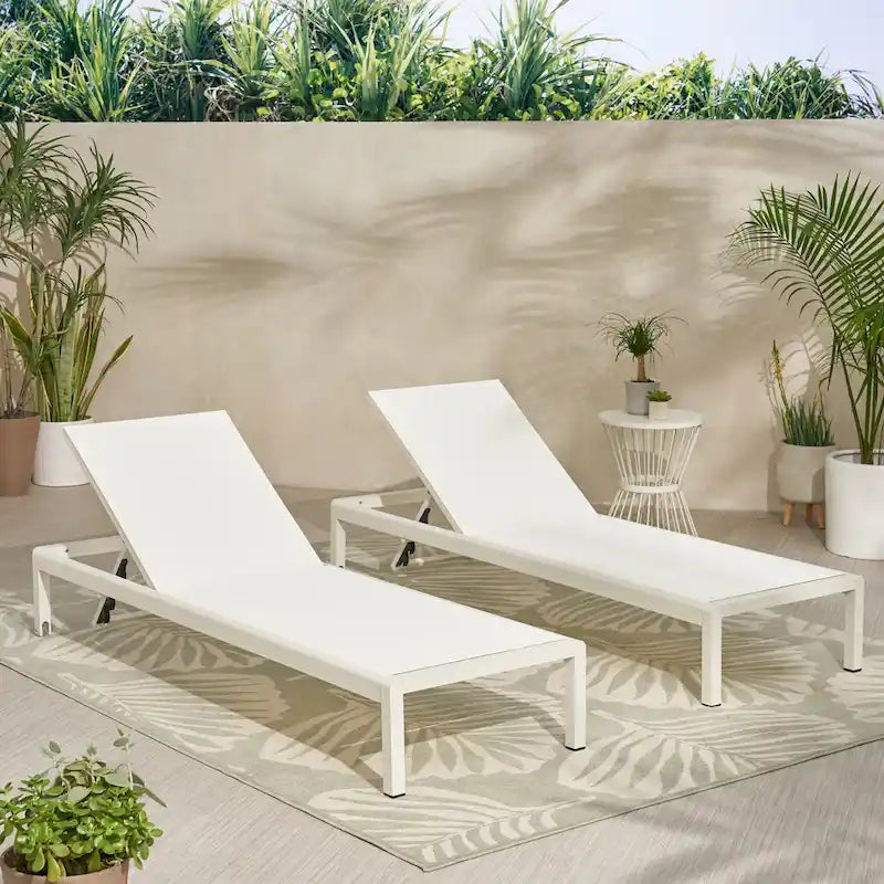 2pc Cape Coral Chaise Lounge Set White Adjustable Outdoor Mesh Patio Furniture with Wheels 77in