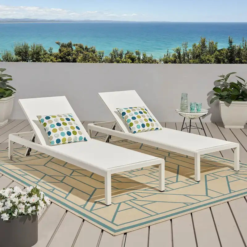 2pc Cape Coral Chaise Lounge Set White Adjustable Outdoor Mesh Patio Furniture with Wheels 77in