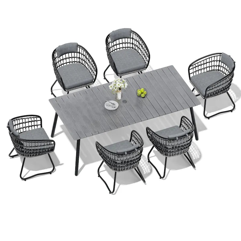 7-Piece Patio Dining Set Outdoor Aluminum Dining Table and PE Rattan Wicker Dining Chairs