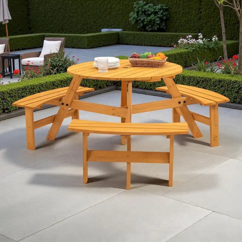 6-Person Outdoor Patio Fir Wood Round Picnic Dining Set with 3 Built-in Benches and Umbrella Hole