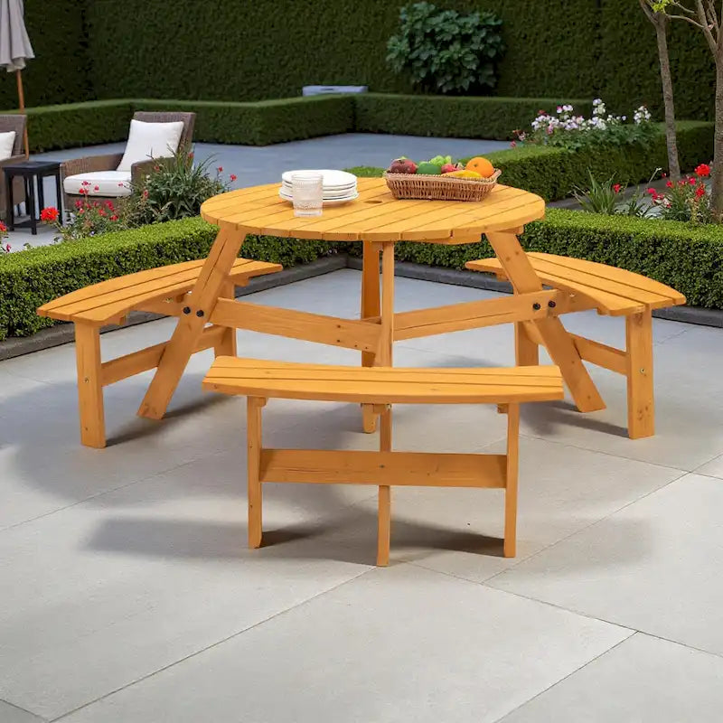6-Person Outdoor Patio Fir Wood Round Picnic Dining Set with 3 Built-in Benches and Umbrella Hole