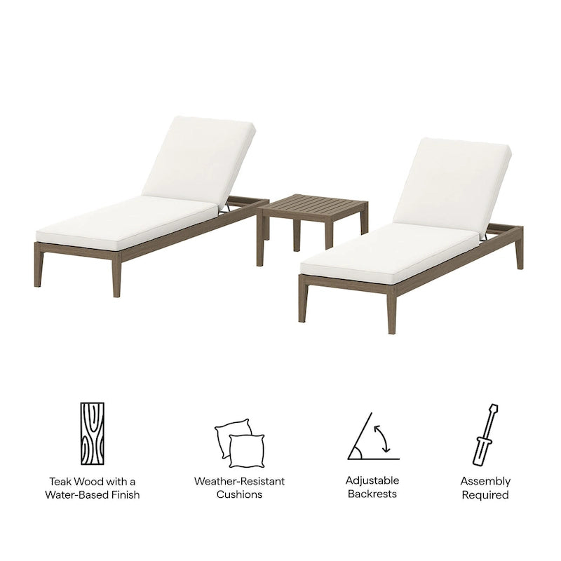 Northlake 3-Piece Outdoor Patio Teak Wood Furniture Set with Chaise Lounges and Side Table