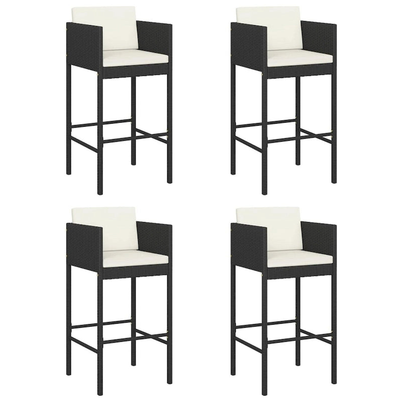 Outdoor Barstool Chair Set of 4, White Fabric Cushions, Black Rattan