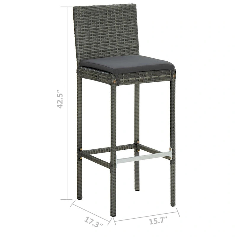 Outdoor Barstool Chair Set of 2, Gray Rattan, Black Fabric Cushions