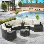 11 Pcs Patio Half-Moon Sectional Round Sofa Set, Rattan Conversation Set with Pillows, Outdoor Furniture Set with Table