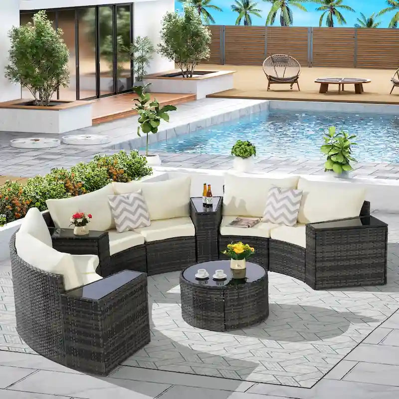 11 Pcs Patio Half-Moon Sectional Round Sofa Set, Rattan Conversation Set with Pillows, Outdoor Furniture Set with Table