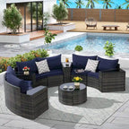 11 Pcs Patio Half-Moon Sectional Round Sofa Set, Rattan Conversation Set with Pillows, Outdoor Furniture Set with Table