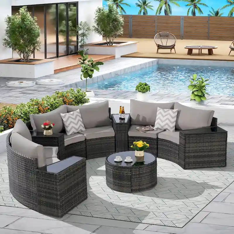 11 Pcs Patio Half-Moon Sectional Round Sofa Set, Rattan Conversation Set with Pillows, Outdoor Furniture Set with Table