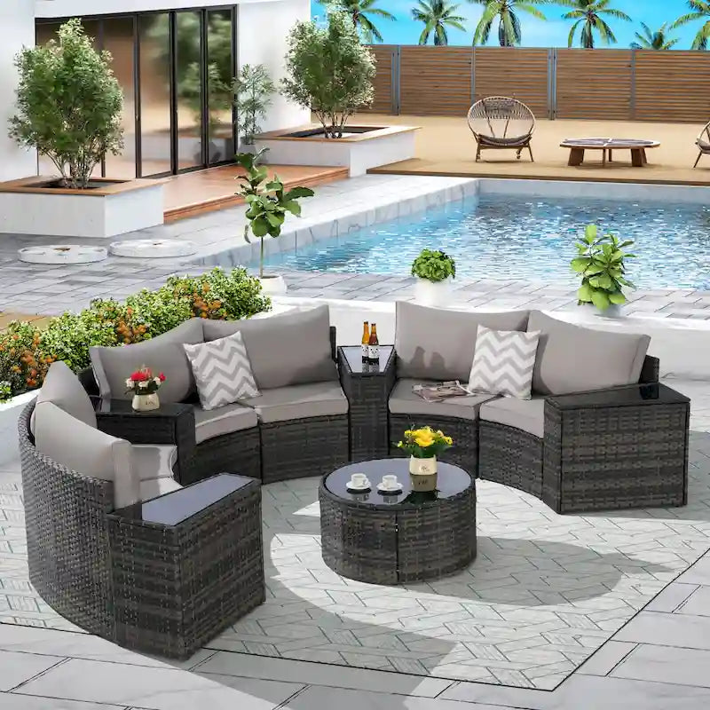 11 Pcs Patio Half-Moon Sectional Round Sofa Set, Rattan Conversation Set with Pillows, Outdoor Furniture Set with Table