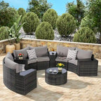11 Pcs Patio Half-Moon Sectional Round Sofa Set, Rattan Conversation Set with Pillows, Outdoor Furniture Set with Table