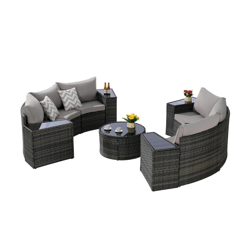11 Pcs Patio Half-Moon Sectional Round Sofa Set, Rattan Conversation Set with Pillows, Outdoor Furniture Set with Table