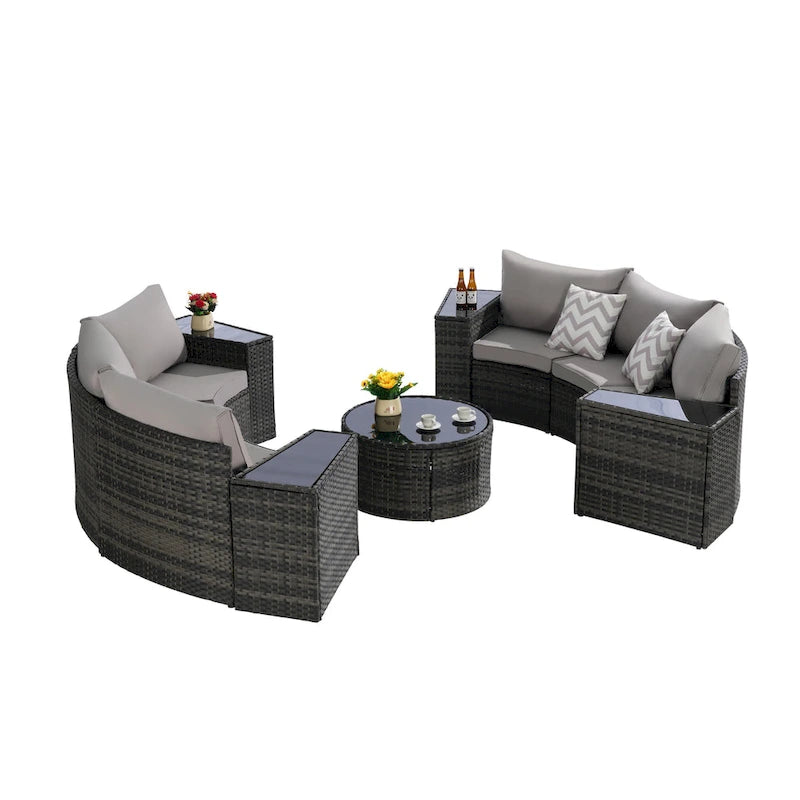 11 Pcs Patio Half-Moon Sectional Round Sofa Set, Rattan Conversation Set with Pillows, Outdoor Furniture Set with Table