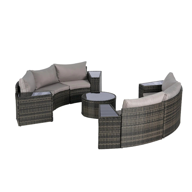 11 Pcs Patio Half-Moon Sectional Round Sofa Set, Rattan Conversation Set with Pillows, Outdoor Furniture Set with Table
