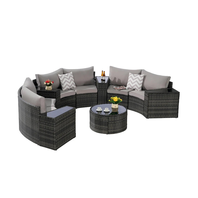 11 Pcs Patio Half-Moon Sectional Round Sofa Set, Rattan Conversation Set with Pillows, Outdoor Furniture Set with Table