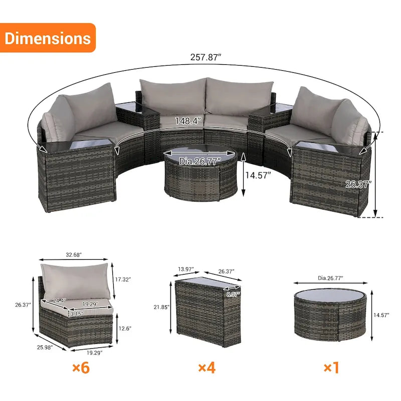 11 Pcs Patio Half-Moon Sectional Round Sofa Set, Rattan Conversation Set with Pillows, Outdoor Furniture Set with Table