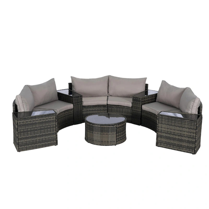 11 Pcs Patio Half-Moon Sectional Round Sofa Set, Rattan Conversation Set with Pillows, Outdoor Furniture Set with Table
