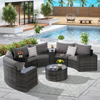 11 Pcs Patio Half-Moon Sectional Round Sofa Set, Rattan Conversation Set with Pillows, Outdoor Furniture Set with Table