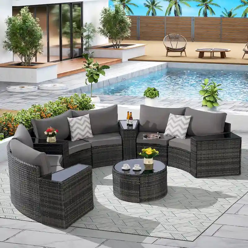 11 Pcs Patio Half-Moon Sectional Round Sofa Set, Rattan Conversation Set with Pillows, Outdoor Furniture Set with Table