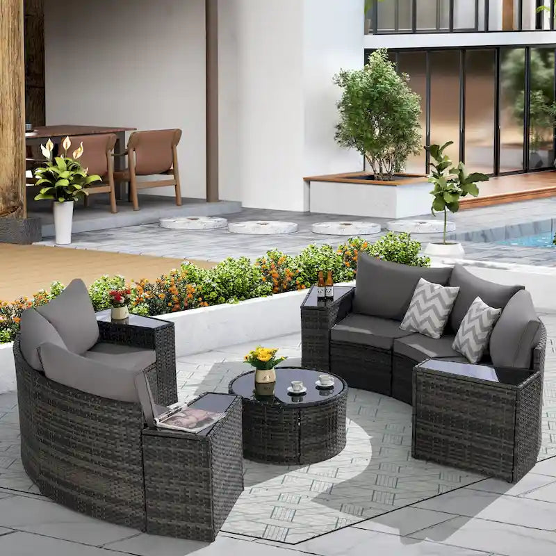 11 Pcs Patio Half-Moon Sectional Round Sofa Set, Rattan Conversation Set with Pillows, Outdoor Furniture Set with Table