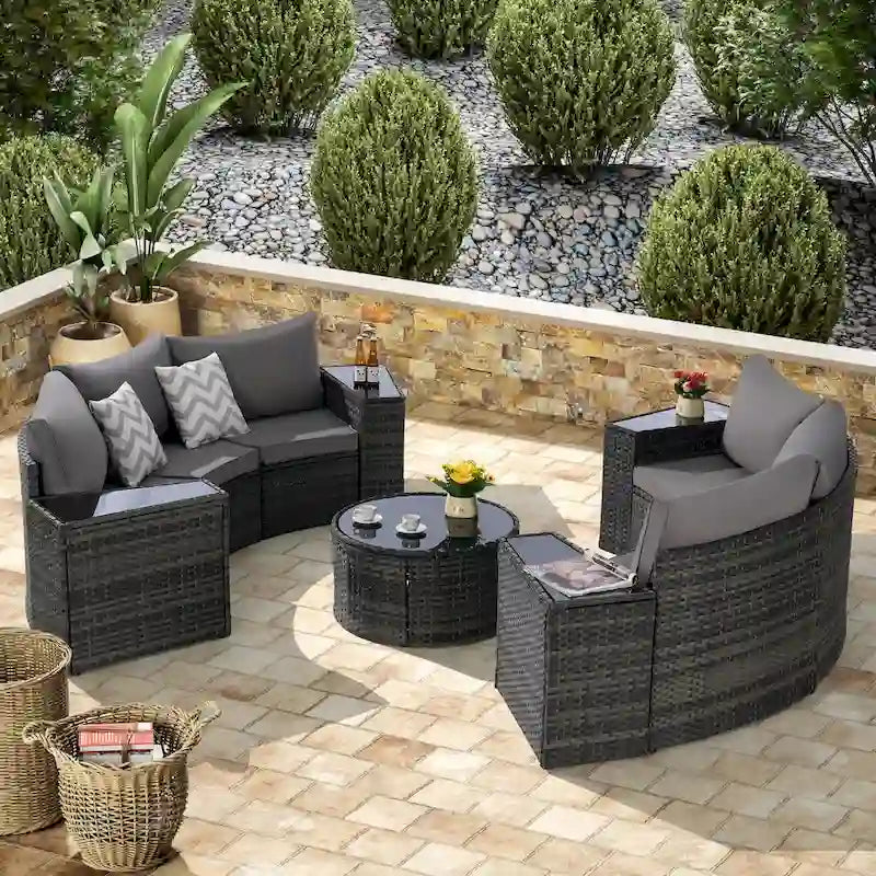 11 Pcs Patio Half-Moon Sectional Round Sofa Set, Rattan Conversation Set with Pillows, Outdoor Furniture Set with Table