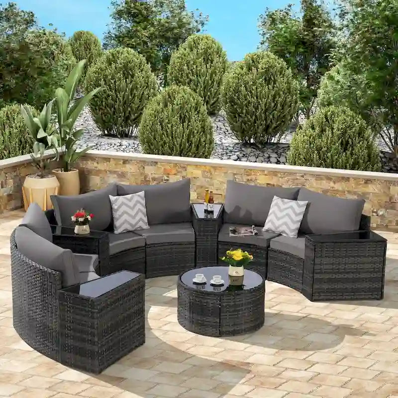 11 Pcs Patio Half-Moon Sectional Round Sofa Set, Rattan Conversation Set with Pillows, Outdoor Furniture Set with Table