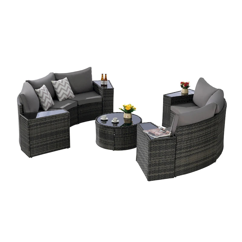 11 Pcs Patio Half-Moon Sectional Round Sofa Set, Rattan Conversation Set with Pillows, Outdoor Furniture Set with Table