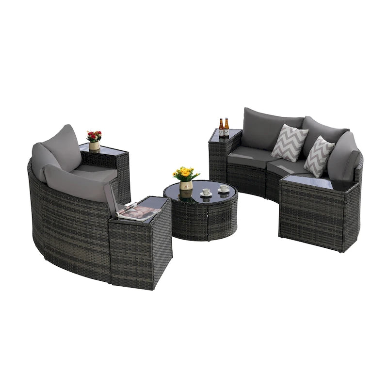 11 Pcs Patio Half-Moon Sectional Round Sofa Set, Rattan Conversation Set with Pillows, Outdoor Furniture Set with Table