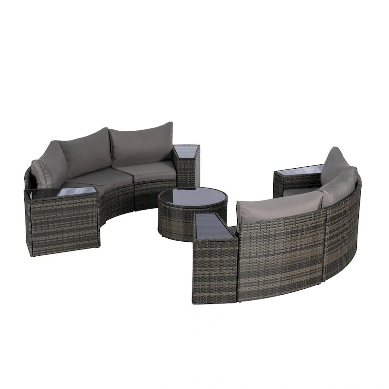 11 Pcs Patio Half-Moon Sectional Round Sofa Set, Rattan Conversation Set with Pillows, Outdoor Furniture Set with Table