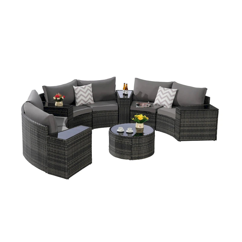 11 Pcs Patio Half-Moon Sectional Round Sofa Set, Rattan Conversation Set with Pillows, Outdoor Furniture Set with Table