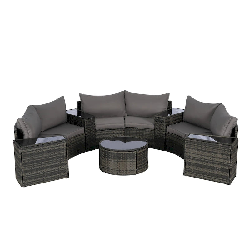 11 Pcs Patio Half-Moon Sectional Round Sofa Set, Rattan Conversation Set with Pillows, Outdoor Furniture Set with Table