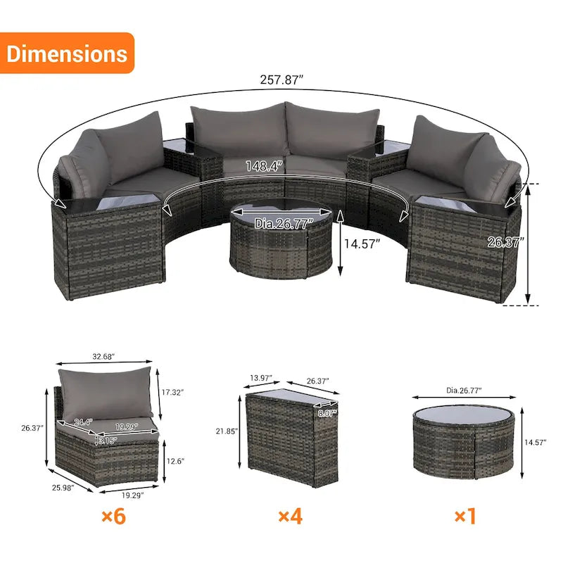 11 Pcs Patio Half-Moon Sectional Round Sofa Set, Rattan Conversation Set with Pillows, Outdoor Furniture Set with Table