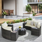 11 Pcs Patio Half-Moon Sectional Round Sofa Set, Rattan Conversation Set with Pillows, Outdoor Furniture Set with Table