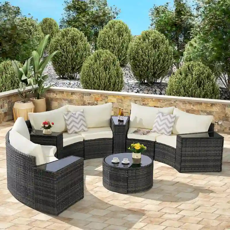 11 Pcs Patio Half-Moon Sectional Round Sofa Set, Rattan Conversation Set with Pillows, Outdoor Furniture Set with Table